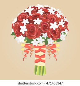 Wedding bouquet of red roses. Vector bride's bouquet.
