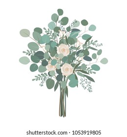 Wedding Bouquet With Rose Flowers, Seeded And Silver Dollar Eucalyptus Greenery. Vector Illustration, Isolated On White