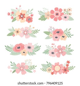Wedding bouquets collection. Flower arrangments, posies. Romantic hand drawn vector floral set.
