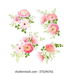 Wedding bouquets of fresh roses, magnolia, ranunculus  vector design elements