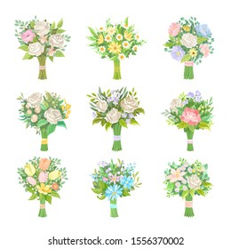 Wedding Bouquets Vector Illustrated Set. Magnificent Flower Bunch