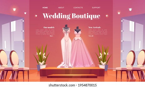 Wedding Boutique Cartoon Landing Page, Bridal Shop Interior With Dresses On Mannequins And Large Mirrors With Lighting. Bride Gowns Selling Showroom With Fashioned Women Dressing, Vector Web Banner