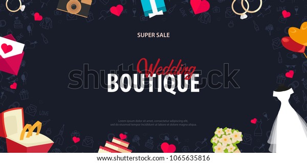 Wedding Boutique. Flat\
Wedding agency banner with hand draw doodle on a background. Vector\
illustration