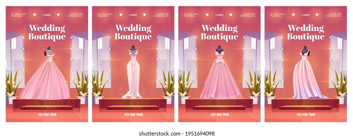 Wedding boutique posters with luxury bride dresses and accessories. Flyers of bridal store for women. Vector cartoon illustration of wedding salon with mannequins in female gowns, mirror and flowers