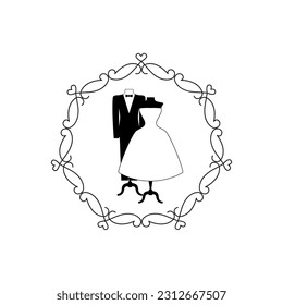   Tienda de bodas. Ilustración de diseño de vectores de maniquíes hombres y mujeres. Simple plantilla para logotipo o marca de ropa de boda. Tienda de ropa, taller, casa de moda. 