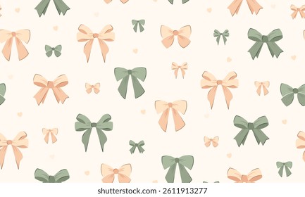 wedding bow seamless pattern with beige peach bows and silk ribbons. symbol of the fight against breast cancer, femininity, happy birthday seamless pattern, party, celebration, gift, repeat, printable