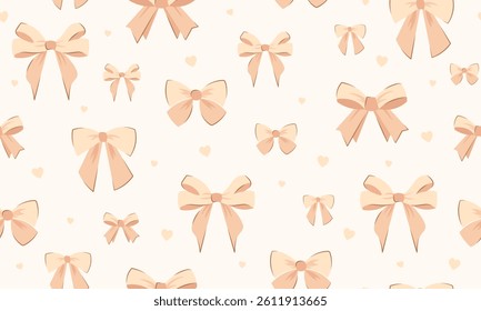 wedding bow seamless pattern with beige peach bows and silk ribbons. symbol of the fight against breast cancer, femininity, happy birthday seamless pattern, party, celebration, gift, repeat, printable
