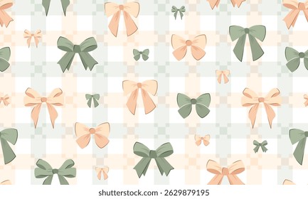 wedding bow seamless pattern with olive peach bows and silk ribbons. symbol of the fight against breast cancer, femininity, happy birthday pattern, party, celebration, gift, repeat, printable, check