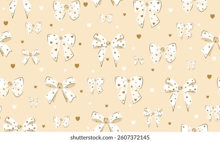 wedding bow seamless pattern with pink, peach bows and silk ribbons. symbol of the fight against breast cancer, femininity, happy birthday seamless pattern, celebration, party, beige