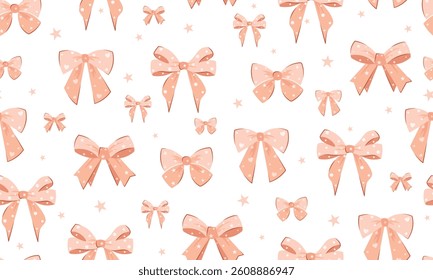 wedding bow seamless pattern with pink, peach bows and silk ribbons. symbol of the fight against breast cancer, femininity, happy birthday seamless pattern
