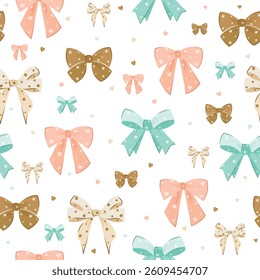 wedding bow seamless pattern with pink, peach bows and silk ribbons. symbol of the fight against breast cancer, femininity, happy birthday seamless pattern, party, celebration, gift, repeat, printable