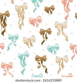 wedding bow seamless pattern with pink, beige bows and silk ribbons. symbol of the fight against breast cancer, femininity, happy birthday seamless pattern, party, celebration, gift, repeat, printable