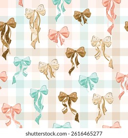 wedding bow seamless pattern with pink, beige bows and silk ribbons. symbol of the fight against breast cancer, femininity, happy birthday seamless pattern, party, celebration, gift, repeat, printable
