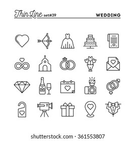 Wedding, bridal dress, event invitation, celebration party and more, thin line icons set, vector illustration