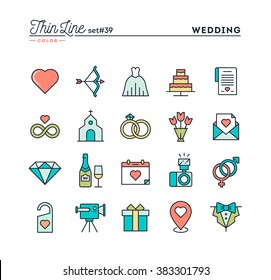 Wedding, bridal dress, event invitation, celebration party and more, thin line color icons set, vector illustration