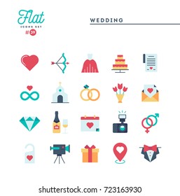 Wedding, bridal dress, event invitation, celebration party and more, flat icons set, vector illustration