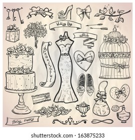 Wedding bridal graphic set with cake, dress, accessories, hearts and ribbons. Eps10.