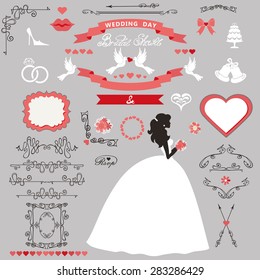 Wedding bridal shower invitation card decor set.Cartoon  bride in whte long dress, Swirling borders, ribbon, icons,heart,label.Design template kit,save date card.Vintage Vector Illustration,flat.