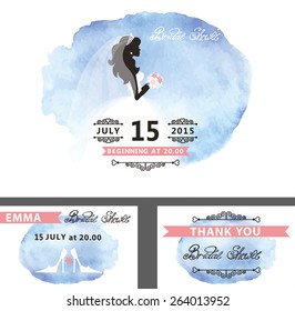 Wedding  Bridal shower invitation template set with watercolor cyan  stain.Flat bride silhouette with dress,veil,flowers, hand writing text,swirling borders.Save date, thank you card Vector