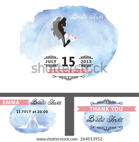Wedding  Bridal shower invitation template set with watercolor cyan  stain.Flat bride silhouette with dress,veil,flowers, hand writing text,swirling borders.Save date, thank you card Vector