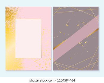 Wedding, bridal,baby, shower set of elegant brochure, card, background, cover. Pink and golden marble texture. Geometric frame. Template for voucher, flyer, menu, card, sale, stroke. 