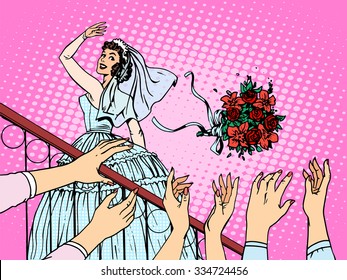 Wedding bride bouquet flowers bridesmaid woman. Beautiful girl in white wedding dress standing on the stairs and throws flowers into the hands of the wedding guests. Love fun romance pop art retro