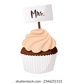 Wedding bride chocolate frosted cupcake decorated sign Mrs in paper cup. Muffin with cream. Wedding day accessories, decorations. Celebrate marriage, save the date ceremony. Vector