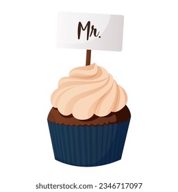 Wedding bride chocolate frosted cupcake decorated sign Mr in paper cup. Muffin with cream. Wedding day accessories, decorations. Celebrate marriage, save the date ceremony. Vector