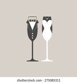 Wedding Bride And Groom Champagne Flutes Glasses Vector
