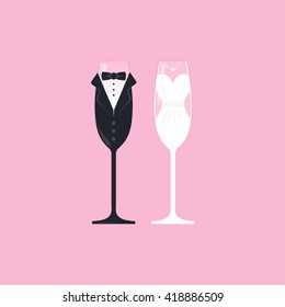 Vector de talvario de champán de novia y novio. Imagen vectorial de los vasos de vino, vestida con personajes de boda