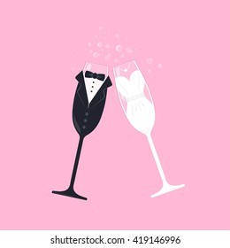 Wedding bride and groom champagne stemware vector. Vector image of wine glasses, dressed in wedding characters. Clink glasses symbol. Bridal couple wine glasses