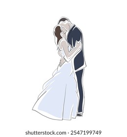 Wedding, bride and groom kissing, line art, isolated vector drawing illustration