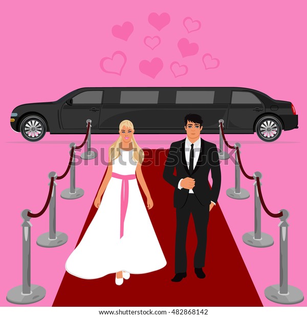 wedding, bride and groom, limousine, flat\
design, vector\
illustration