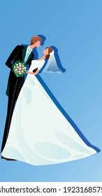 Wedding (bride and groom look at each other) on a blue background with shadows EPS 10
