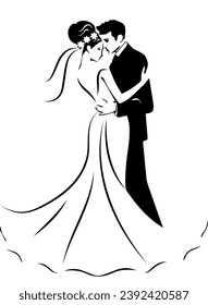 Wedding. The bride and groom look at each other with love. They hug each other. Stylization. Black and white illustration on a white background. Vector.
