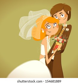 Wedding. The bride and groom are looking at us. Bride is holding a bouquet of flowers.