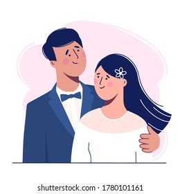 Wedding. The bride and groom. Loving beautiful couple.  Vector illustration in flat style for invitation, postcard, label, banner.