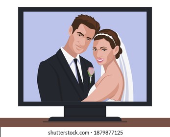 Wedding with the bride and groom online on a computer monitor in quarantine - Happy newlyweds on display by video calling - Vector illustration.