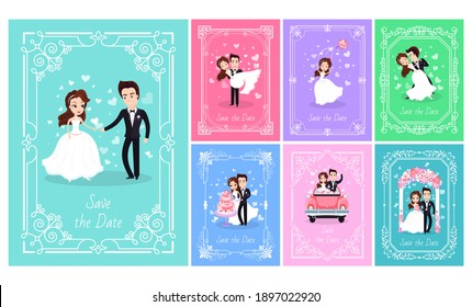 Wedding of bride and groom vector, people on happy day woman wearing bridal dress, dancing with husband. Couple in car, dancing cutting baked cake