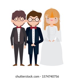 wedding bride and grooms cartoon characters elegant suits vector illustration