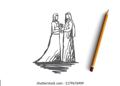 Wedding, bride, together, betrothal, islam concept. Hand drawn concept. Hand drawn bride and groom in muslim wedding dress concept sketch. Isolated vector illustration.