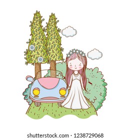 Wedding bride and vintage car