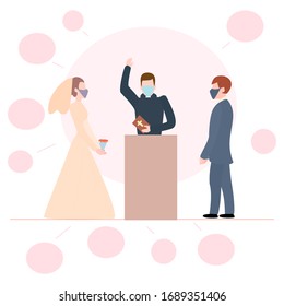 Wedding bride viral mask on a white background. Epidemic coronavirus. Pandemic flu. Fashion woman face mask. 
cartoon flat vector illustration. Face pollution mask.