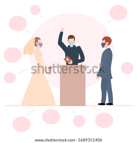 Wedding bride viral mask on a white background. Epidemic coronavirus. Pandemic flu. Fashion woman face mask. 
cartoon flat vector illustration. Face pollution mask.