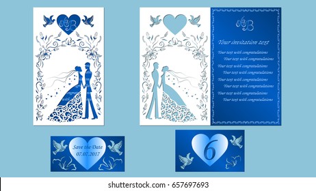 Matrimonio, novio, novia, paloma, corazón, corte láser, arco, flores, vestido, esmoquin, postal, vestimenta, azul, papel, ilustración vectorial