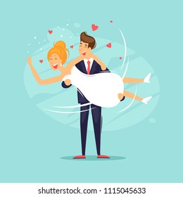 Wedding, the bridegroom holds the bride in her arms. Flat design vector illustration.