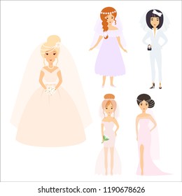 Wedding brides characters vector illustration celebration marriage fashion woman cartoon girl white ceremony dress