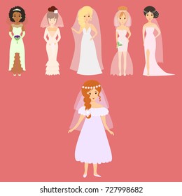 Wedding brides characters vector illustration celebration marriage fashion woman cartoon girl white ceremony dress
