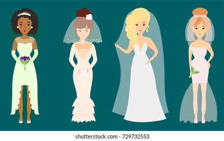 Wedding brides characters vector illustration celebration marriage fashion woman cartoon girl white ceremony dress