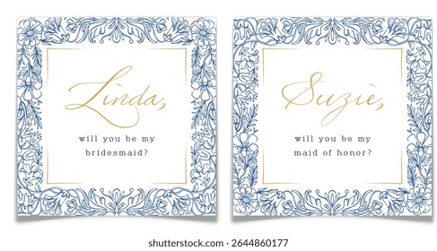 Dama de honra de casamento e cartão de proposta de dama de honra com quadro floral azul no estilo toile de jouy. Cartão postal de celebração do casamento com flor gravada. Ornamento de chinoiserie. Ilustração vetorial